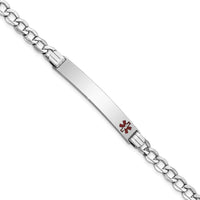 14K White Gold 8-inch Curb Link Medical Alert Bracelet with Off-Center Red Enamel Charm by Oro Pregiato