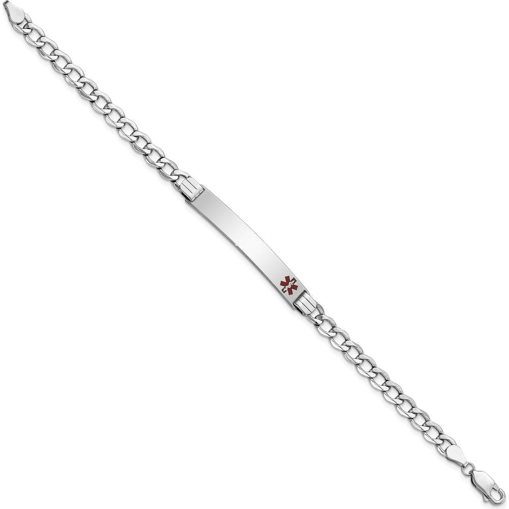 14K White Gold 8-inch Curb Link Medical Alert Bracelet with Off-Center Red Enamel Charm by Oro Pregiato