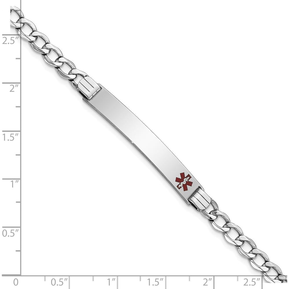14K White Gold 8-inch Curb Link Medical Alert Bracelet with Off-Center Red Enamel Charm by Oro Pregiato
