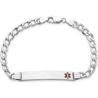 14K White Gold 8-inch Curb Link Medical Alert Bracelet with Off-Center Red Enamel Charm by Oro Pregiato