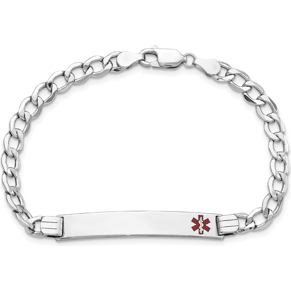 14K White Gold 8-inch Curb Link Medical Alert Bracelet with Off-Center Red Enamel Charm by Oro Pregiato