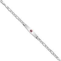 14K White Gold 8" Medical Alert Bracelet with Red Enamel Figaro Link Chain by Oro Pregiato