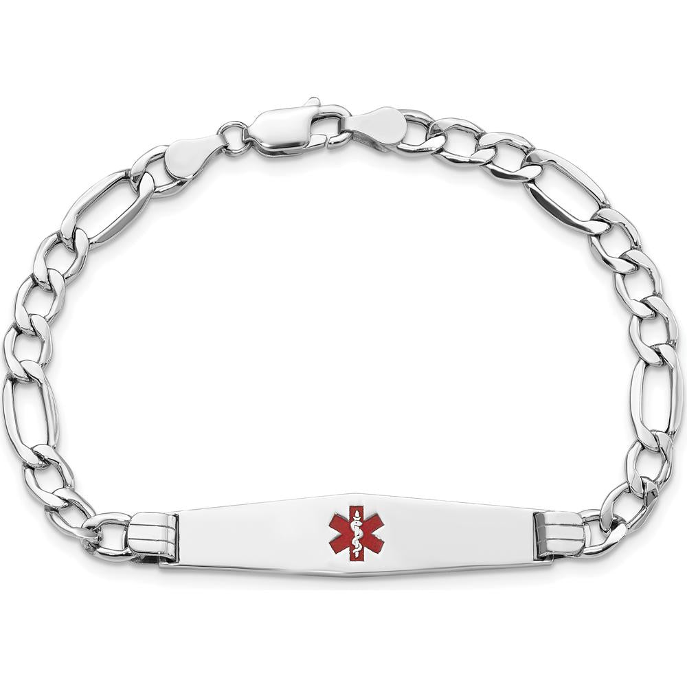 14K White Gold 8" Medical Alert Bracelet with Red Enamel Figaro Link Chain by Oro Pregiato