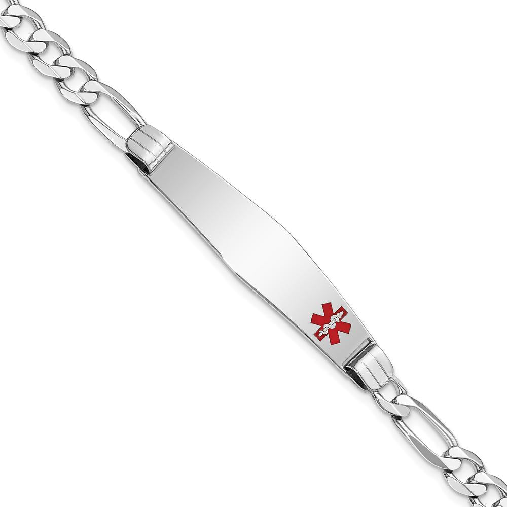 14K White Gold 8" Medical Alert Figaro Chain Bracelet with Red Enamel Detail by Oro Pregiato