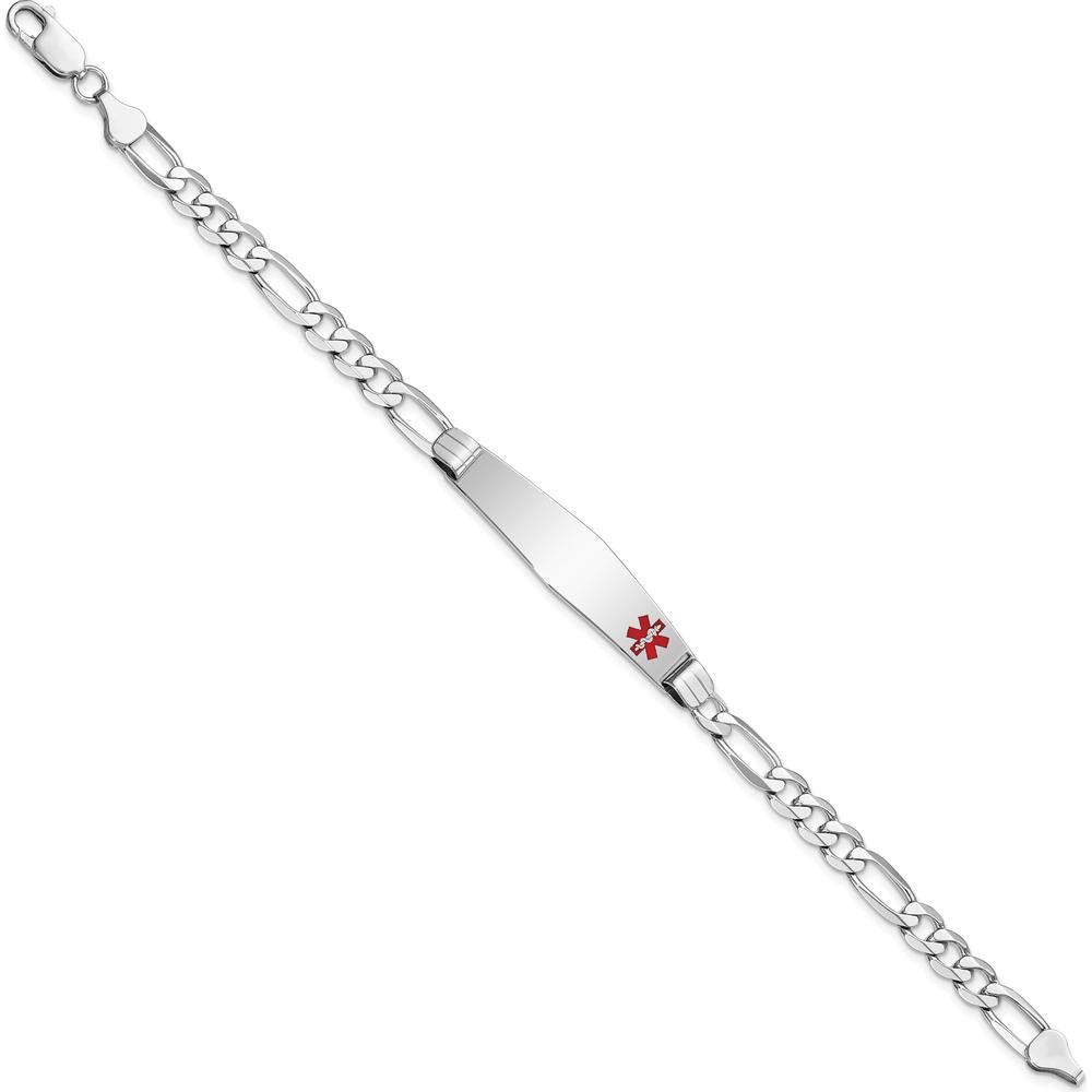 14K White Gold 8" Medical Alert Figaro Chain Bracelet with Red Enamel Detail by Oro Pregiato