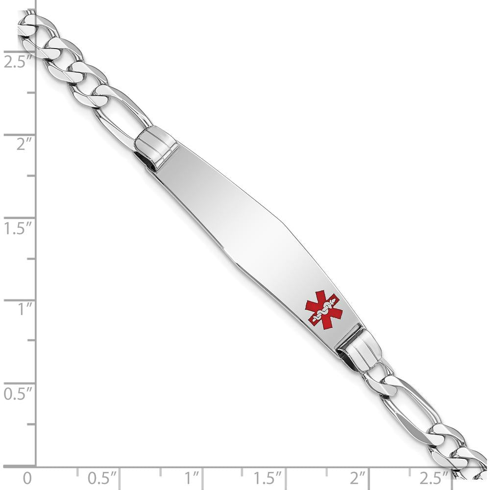 14K White Gold 8" Medical Alert Figaro Chain Bracelet with Red Enamel Detail by Oro Pregiato