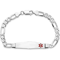 14K White Gold 8" Medical Alert Figaro Chain Bracelet with Red Enamel Detail by Oro Pregiato