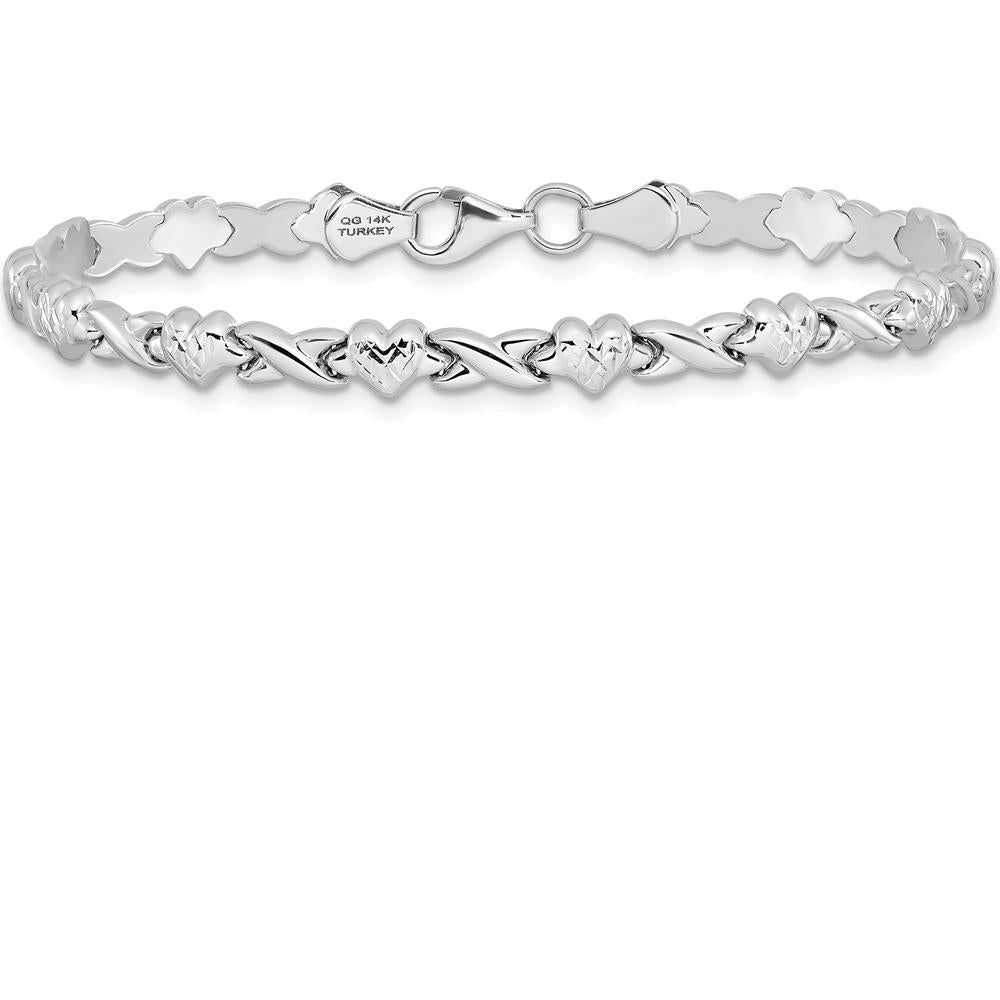 14K White Gold 8" Polished Diamond-Cut X-and-Heart Bracelet by Oro Pregiato