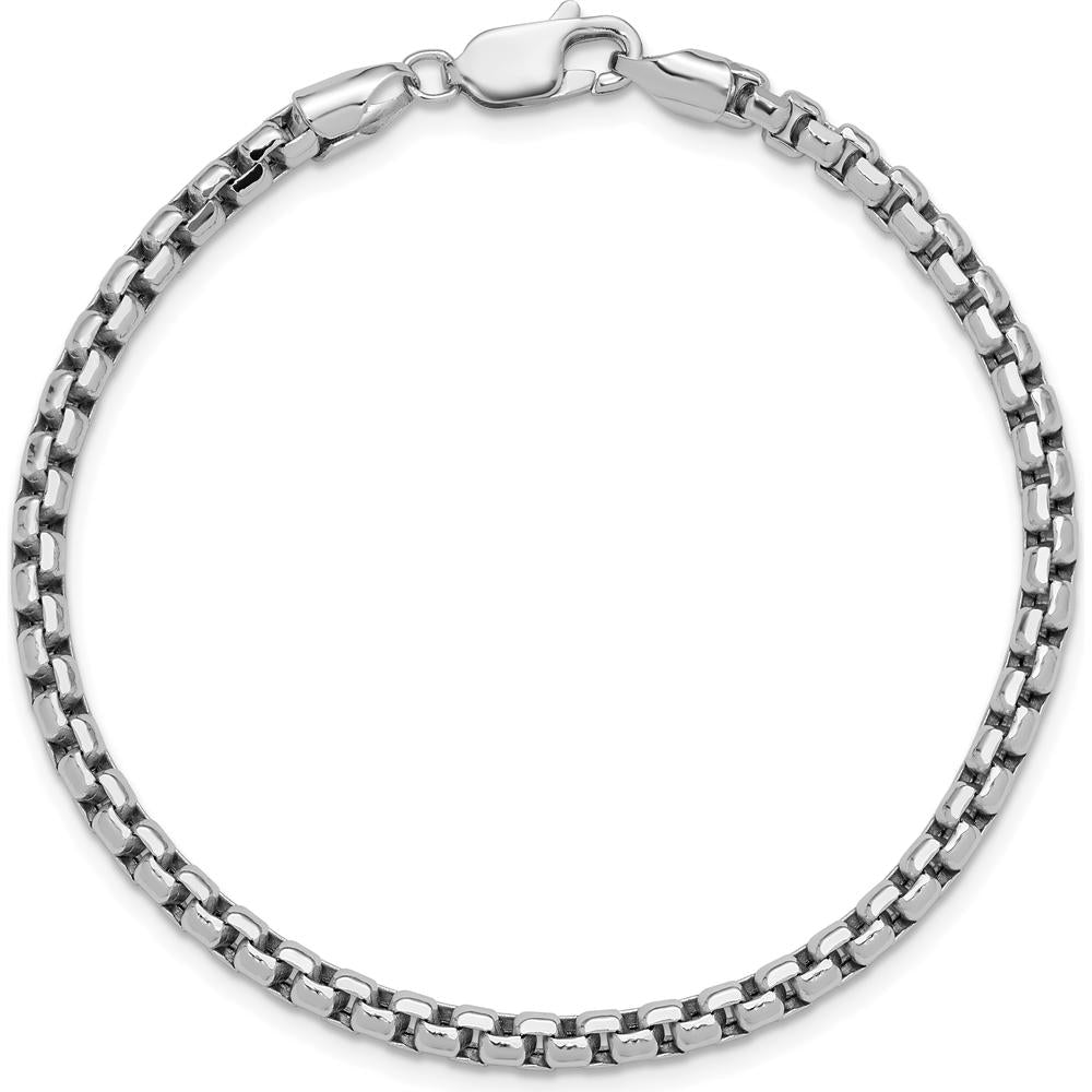 14K White Gold 8" Semi-Solid Round Box Bracelet with Lobster Clasp - 3.6mm Width by Oro Pregiato