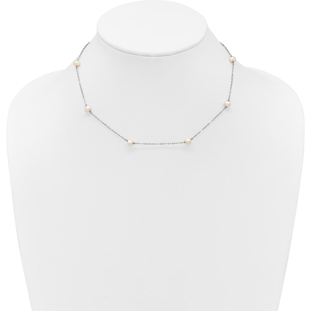 14K White Gold 8-Station Freshwater Cultured Pearl Necklace with Rhodium-Plated Cable Chain - 16 Inches by Monteluci Fine Jewelry