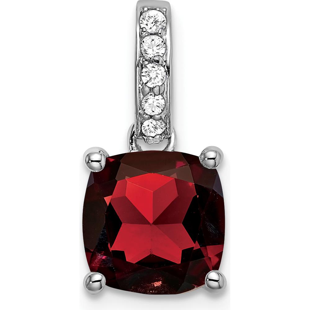 14K White Gold 8mm Cushion Garnet and Round Diamond Pendant - 3 Carat Garnet, 0.057 Carat Total Diamond Weight by Lumare Gioia