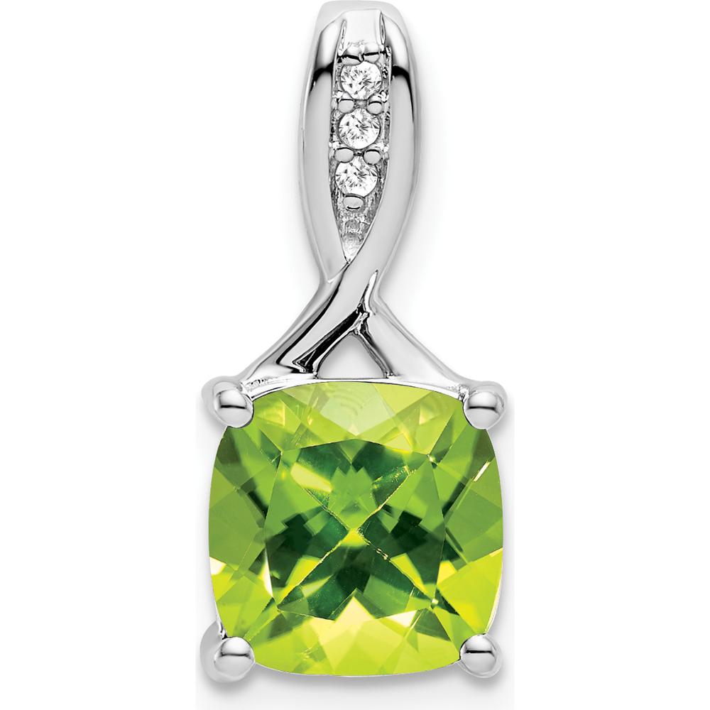 14K White Gold 8mm Cushion Peridot Pendant with Diamond Accents - 2.002 Carat Peridot, 0.018 Carat Diamond Total Weight by Lumare Gioia