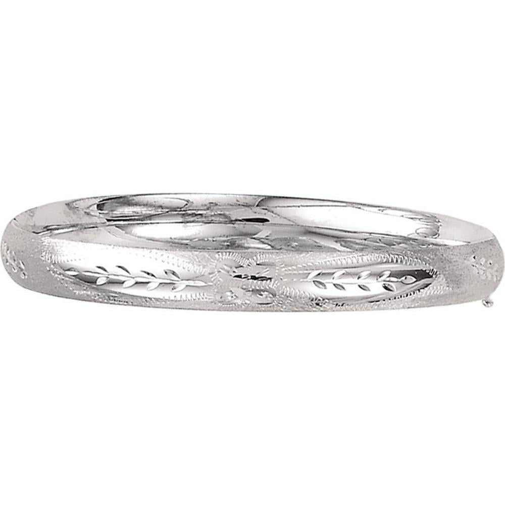 14K White Gold 8mm Floral Leaf Design Bangle - 8" by Orozza Fine Jewelry
