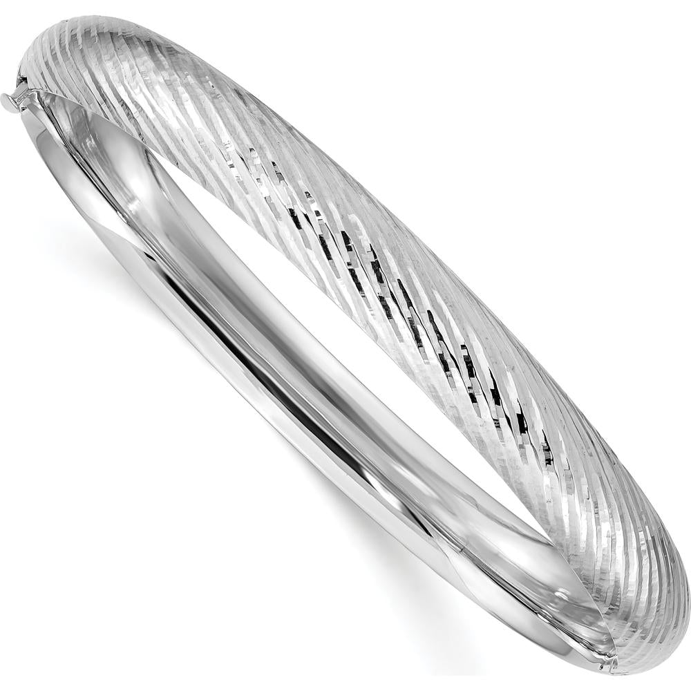 14K White Gold 8mm Polished Textured Hinged Oval Bangle Bracelet - Rhodium Plated by Oro Pregiato
