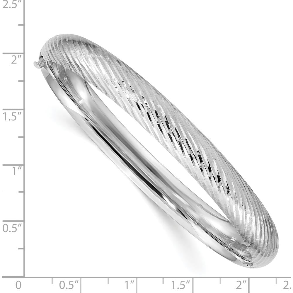 14K White Gold 8mm Polished Textured Hinged Oval Bangle Bracelet - Rhodium Plated by Oro Pregiato