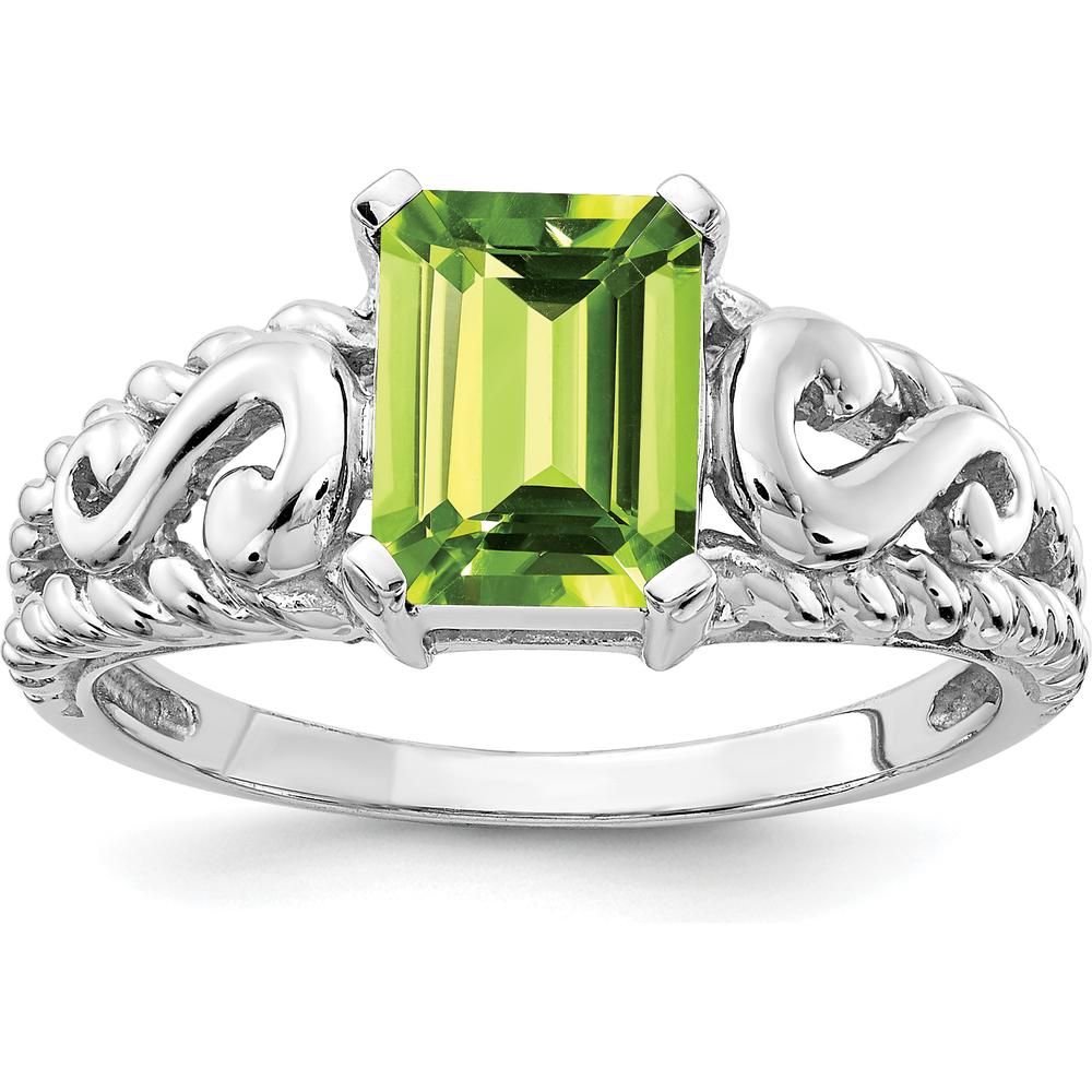 14K White Gold 8x6mm Emerald Cut Peridot Ring - 1.75 Carat Total Peridot Weight by Monteluci Fine Jewelry