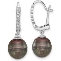 14K White Gold 9-10mm Black Tahitian Pearl and 0.07 Carat Diamond Leverback Dangle Earrings by Monteluci Fine Jewelry