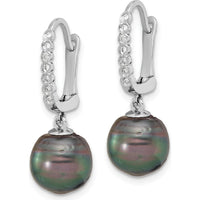 14K White Gold 9-10mm Black Tahitian Pearl and 0.07 Carat Diamond Leverback Dangle Earrings by Monteluci Fine Jewelry