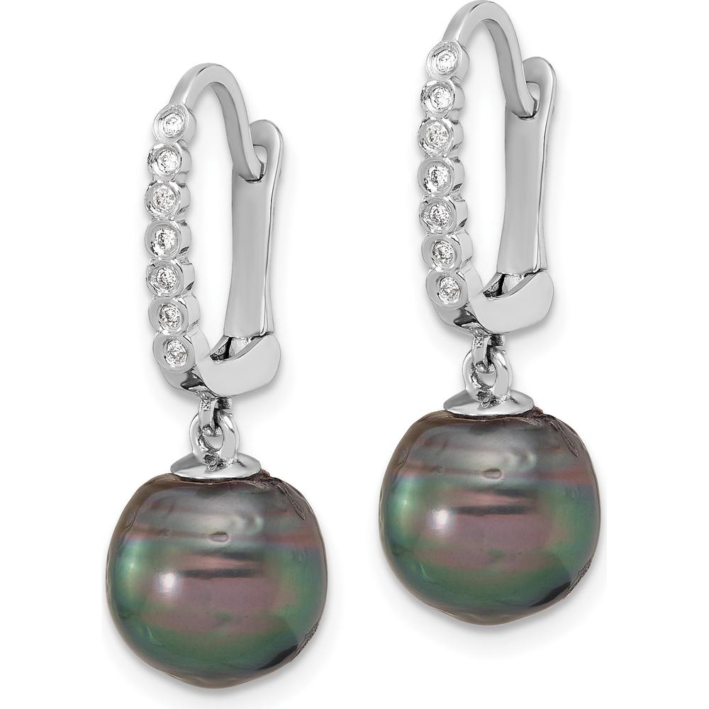 14K White Gold 9-10mm Black Tahitian Pearl and 0.07 Carat Diamond Leverback Dangle Earrings by Monteluci Fine Jewelry