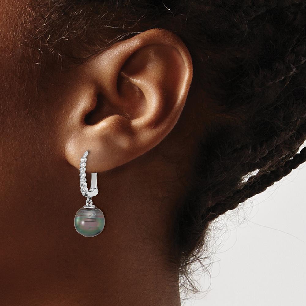 14K White Gold 9-10mm Black Tahitian Pearl and 0.07 Carat Diamond Leverback Dangle Earrings by Monteluci Fine Jewelry