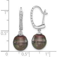 14K White Gold 9-10mm Black Tahitian Pearl and 0.07 Carat Diamond Leverback Dangle Earrings by Monteluci Fine Jewelry