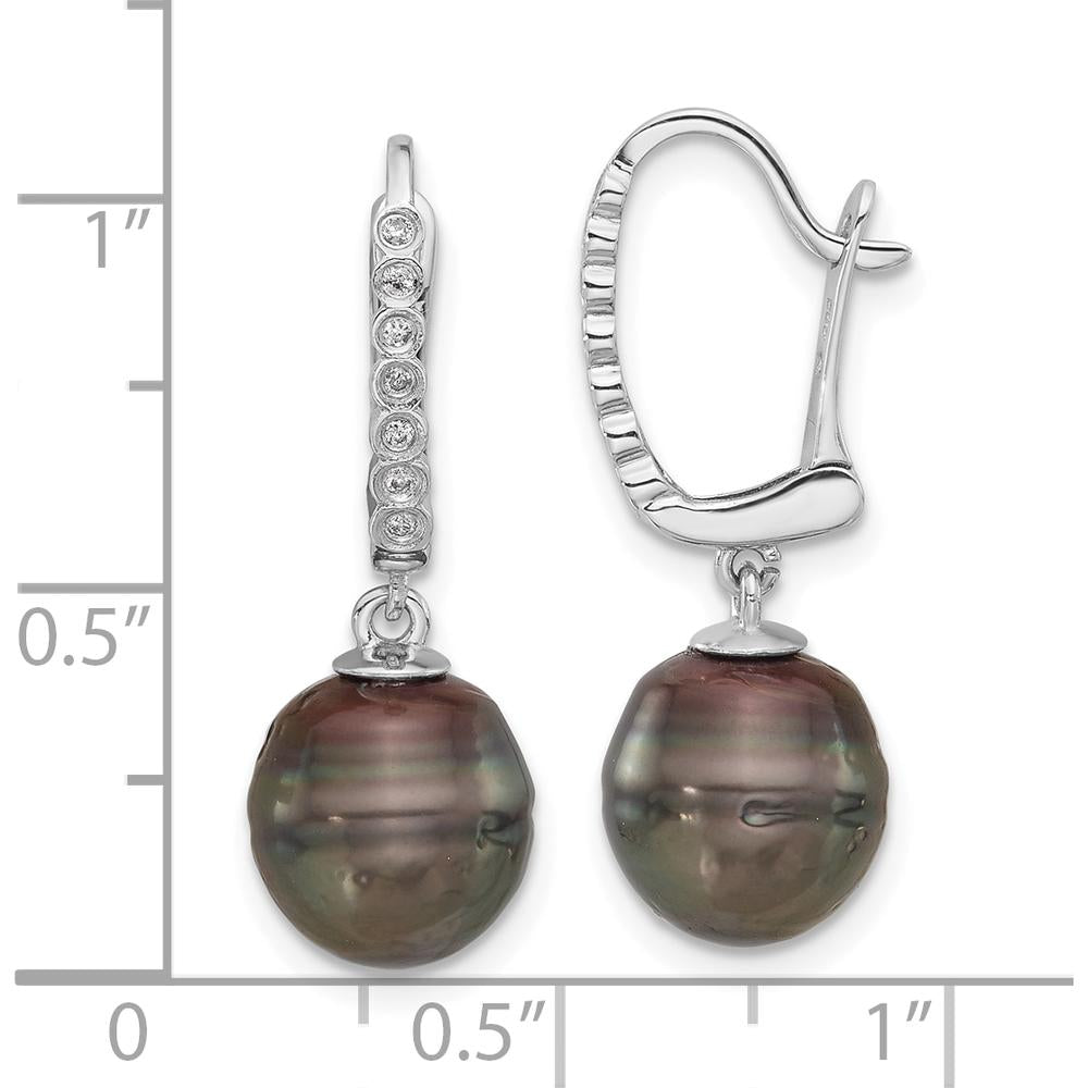 14K White Gold 9-10mm Black Tahitian Pearl and 0.07 Carat Diamond Leverback Dangle Earrings by Monteluci Fine Jewelry