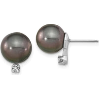 14K White Gold 9-10mm Black Tahitian Pearl and 0.10 Carat Diamond Post Earrings by Monteluci Fine Jewelry
