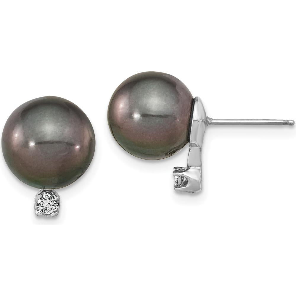 14K White Gold 9-10mm Black Tahitian Pearl and 0.10 Carat Diamond Post Earrings by Monteluci Fine Jewelry