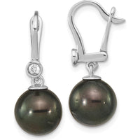 14K White Gold 9-10mm Black Tahitian Pearl and .10 Carat Diamond Leverback Drop Earrings by Monteluci Fine Jewelry