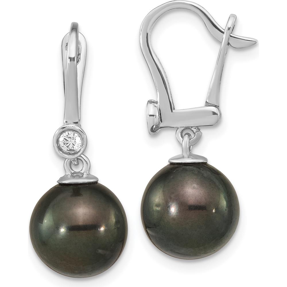 14K White Gold 9-10mm Black Tahitian Pearl and .10 Carat Diamond Leverback Drop Earrings by Monteluci Fine Jewelry