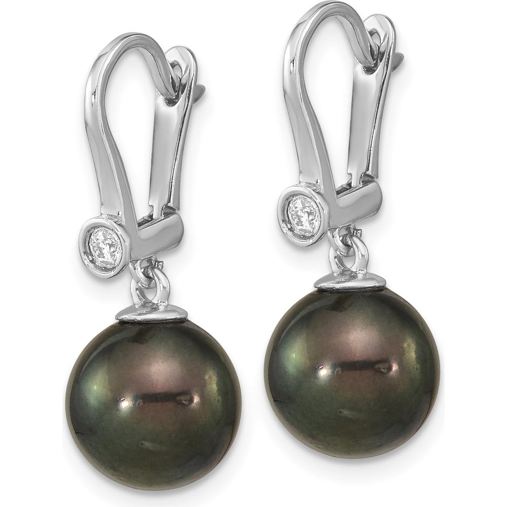 14K White Gold 9-10mm Black Tahitian Pearl and .10 Carat Diamond Leverback Drop Earrings by Monteluci Fine Jewelry