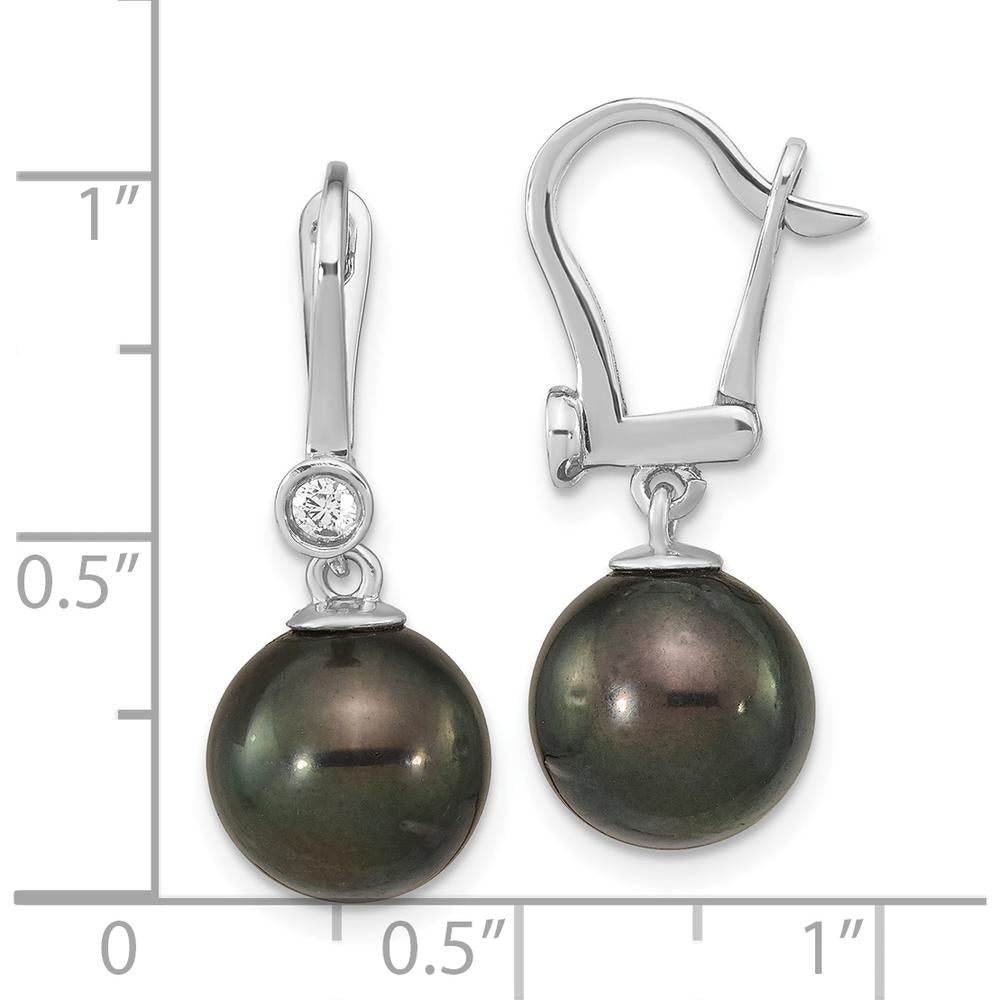 14K White Gold 9-10mm Black Tahitian Pearl and .10 Carat Diamond Leverback Drop Earrings by Monteluci Fine Jewelry