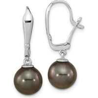 14K White Gold 9-10mm Black Tahitian Saltwater Cultured Pearl and 0.02 Carat Diamond Leverback Dangle Earrings by Monteluci Fine Jewelry