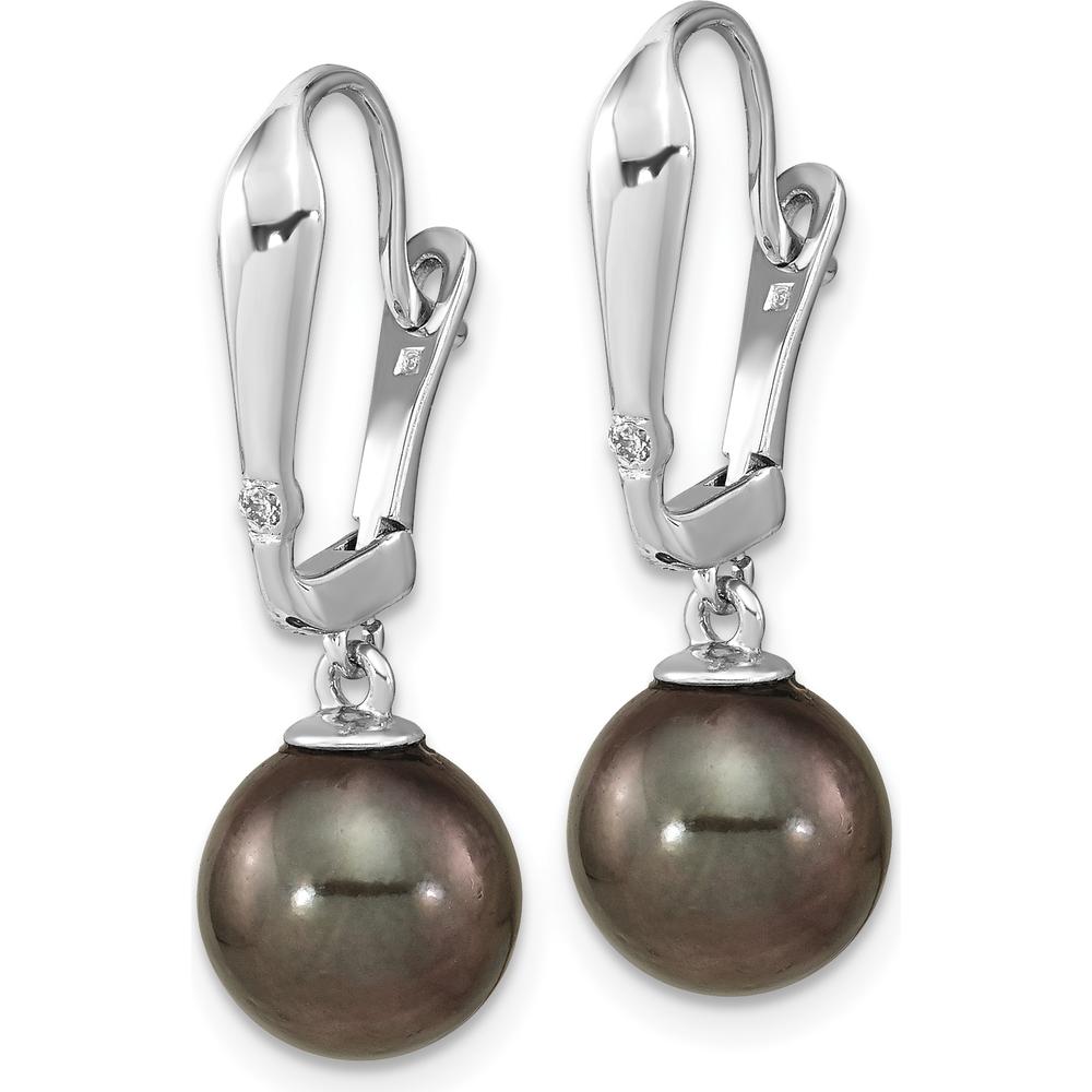 14K White Gold 9-10mm Black Tahitian Saltwater Cultured Pearl and 0.02 Carat Diamond Leverback Dangle Earrings by Monteluci Fine Jewelry