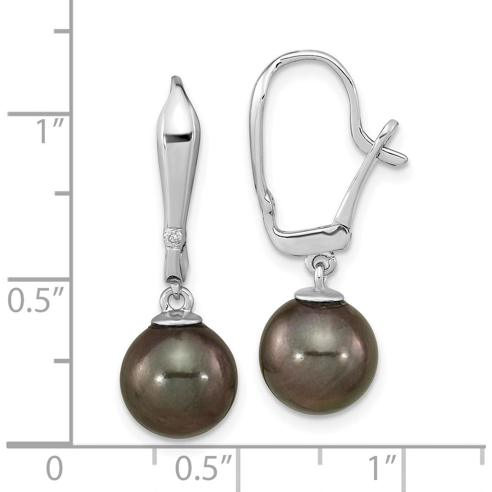14K White Gold 9-10mm Black Tahitian Saltwater Cultured Pearl and 0.02 Carat Diamond Leverback Dangle Earrings by Monteluci Fine Jewelry