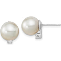 14K White Gold 9-10mm Round South Sea Cultured Pearl and .10 Carat Diamond Post Earrings by Monteluci Fine Jewelry