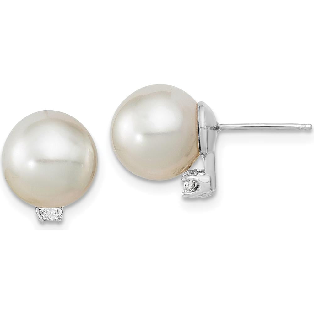 14K White Gold 9-10mm Round South Sea Cultured Pearl and .10 Carat Diamond Post Earrings by Monteluci Fine Jewelry