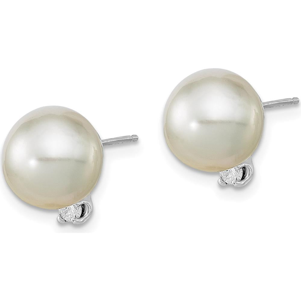 14K White Gold 9-10mm Round South Sea Cultured Pearl and .10 Carat Diamond Post Earrings by Monteluci Fine Jewelry