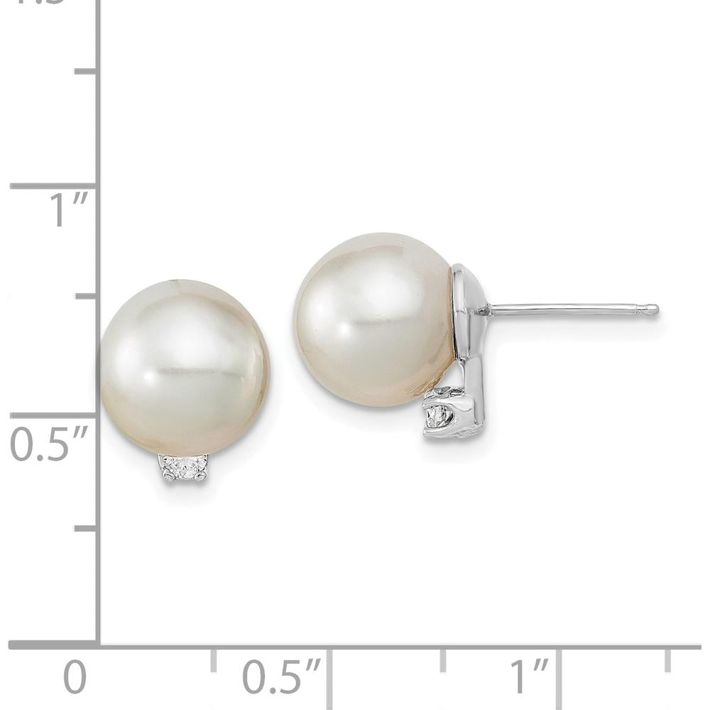 14K White Gold 9-10mm Round South Sea Cultured Pearl and .10 Carat Diamond Post Earrings by Monteluci Fine Jewelry