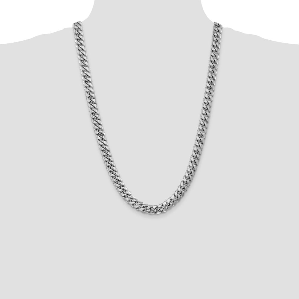 14K White Gold 9.3mm Semi-Solid Miami Cuban Chain Necklace - 26 Inches by Oro Pregiato