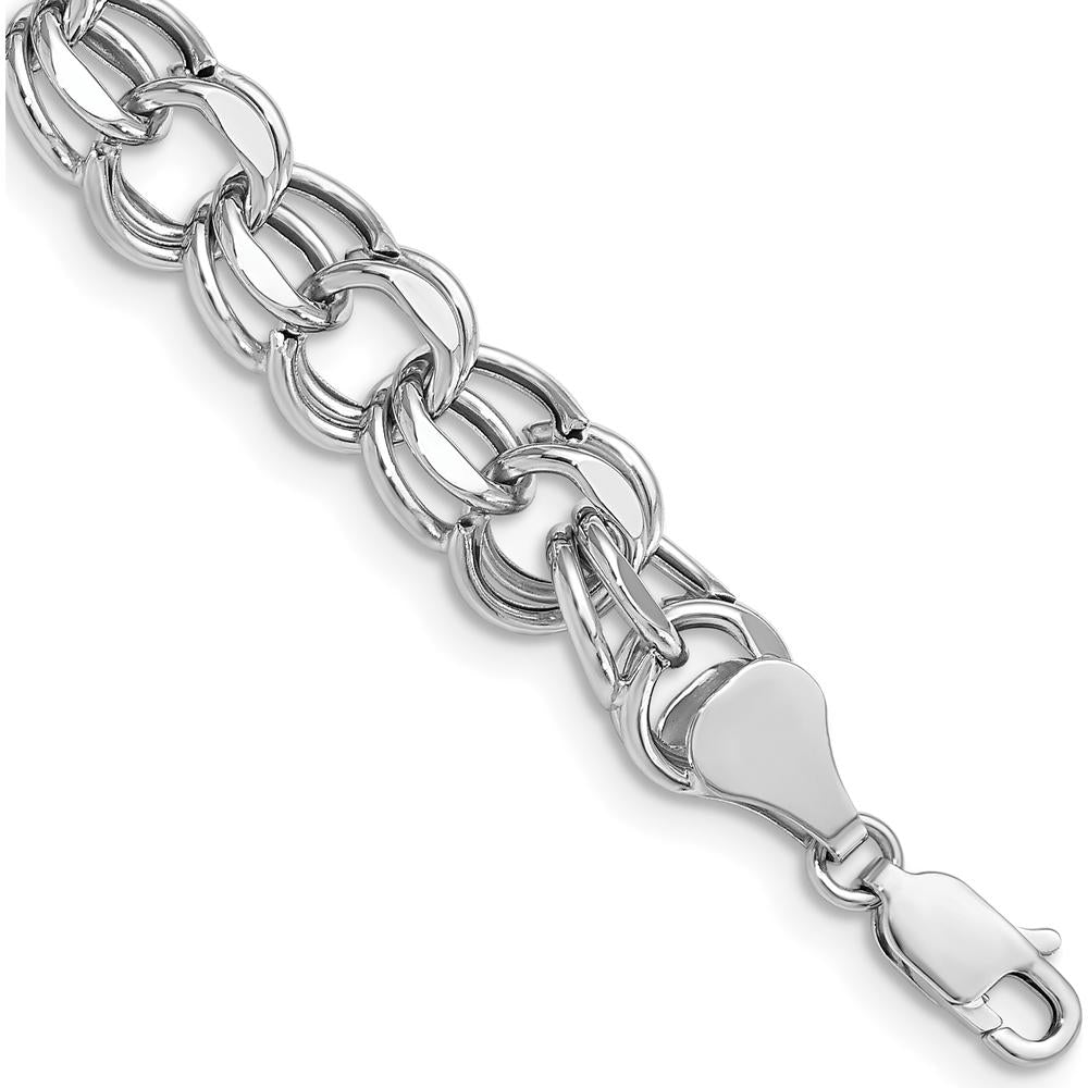 14K White Gold 9.5mm Hollow Double Link Charm Bracelet with Diamond-Cut Texture - 7.25" Length by Oro Pregiato