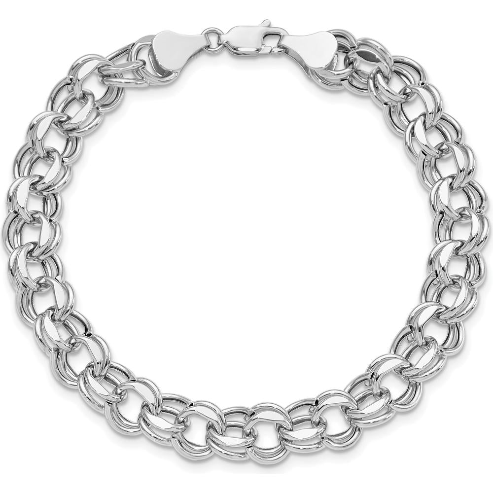 14K White Gold 9.5mm Hollow Double Link Charm Bracelet with Diamond-Cut Texture - 7.25" Length by Oro Pregiato