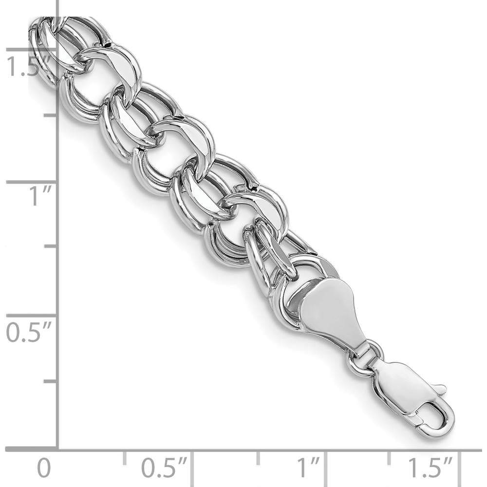 14K White Gold 9.5mm Hollow Double Link Charm Bracelet with Diamond-Cut Texture - 7.25" Length by Oro Pregiato