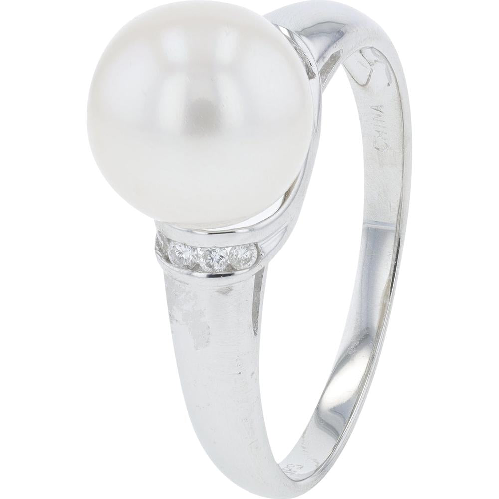14K White Gold 9.5mm Pearl Ring with 0.10 Carat Diamonds