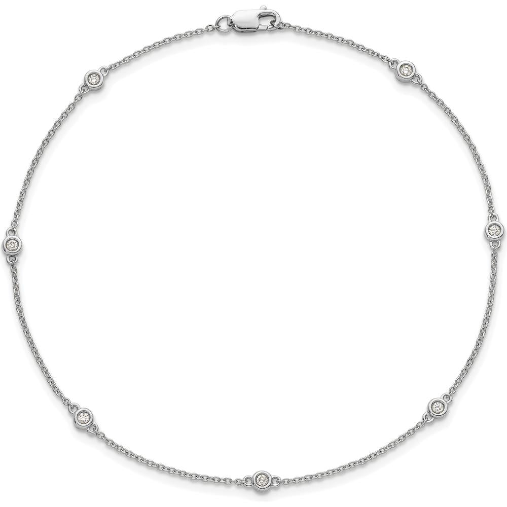 14K White Gold 9" Cable Chain Anklet with Bezel-set 1/8 Carat Diamonds by Oro Pregiato
