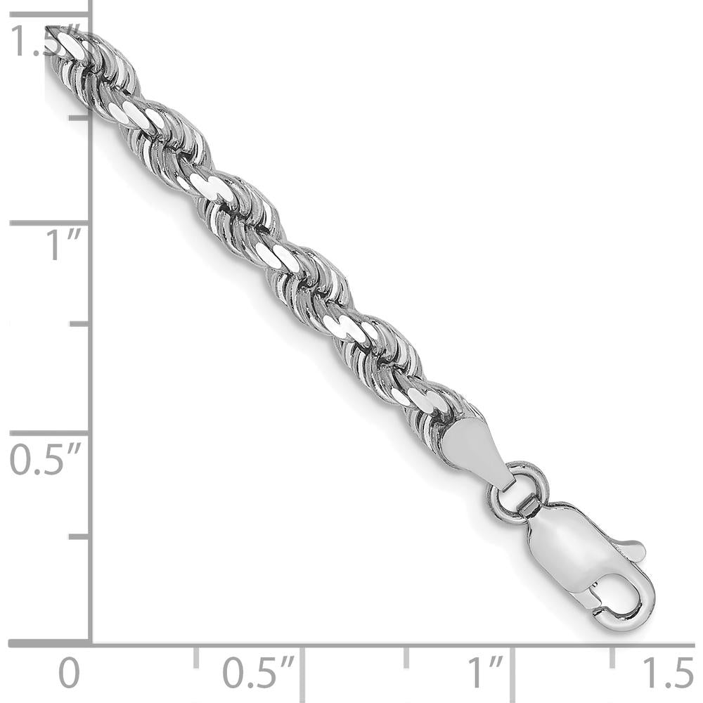 14K White Gold 9" Diamond-Cut Rope Chain Bracelet with Lobster Clasp - 4mm Solid Design