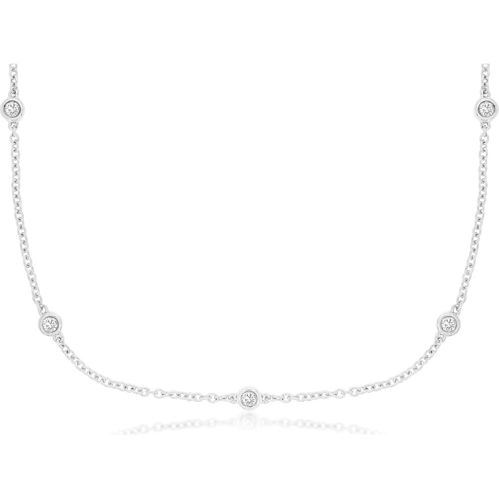 14K White Gold 9-Station Bezel Set Round Diamond Necklace - 0.20 Carat Total Diamond Weight - Royal Jewelry