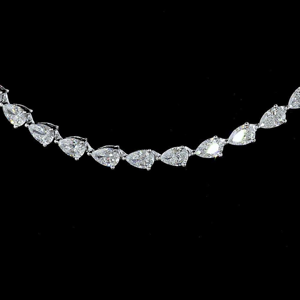 14K White Gold 99 Stone Pear Shape Lab Diamond Tennis Necklace with East-West Prong Setting - 9.38 Carats Total Weight - Covaloro Fine Jewelry