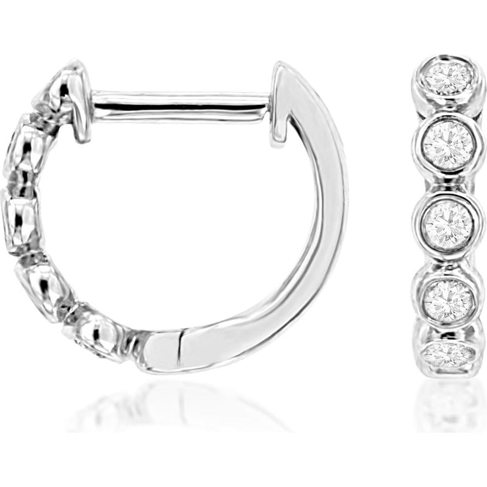 14K White Gold 9mm Bezel Set Round Diamond Huggie Hoops - 0.10 Carats Total Diamond Weight