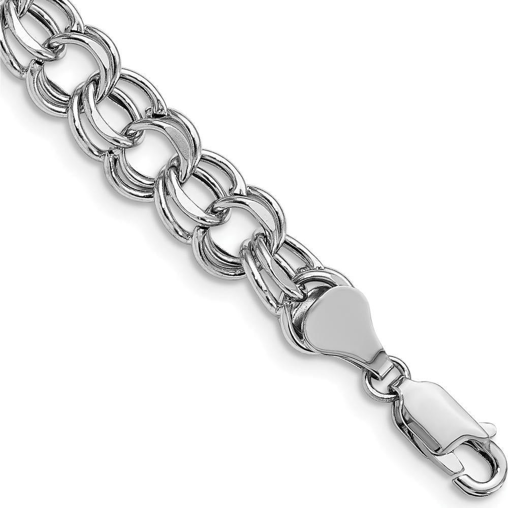 14K White Gold 9mm Hollow Double Link Charm Bracelet with Diamond-Cut Texture - 7.25" Length by Oro Pregiato